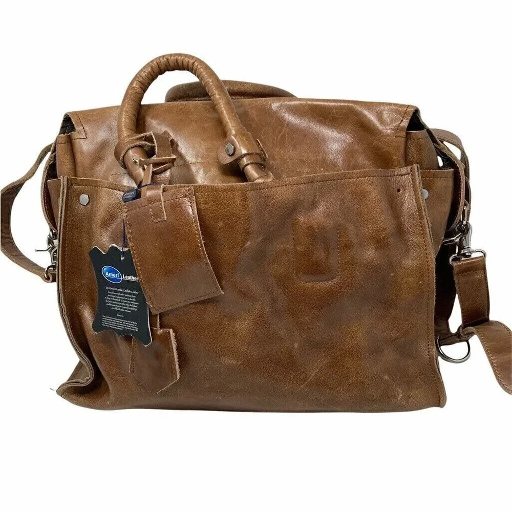 Amerileather Holmes Investigator Bag Brown Leather Pockets Dual Handle New